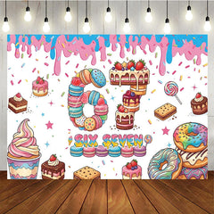 Aperturee - Aperturee Colorful Dessert Six Seven Birthday Backdrop with Macarons Cakes and Sprinkles for Sweet Celebration Party