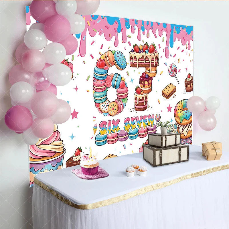 Aperturee - Aperturee Colorful Dessert Six Seven Birthday Backdrop with Macarons Cakes and Sprinkles for Sweet Celebration Party