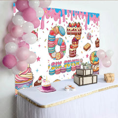 Aperturee - Aperturee Colorful Dessert Six Seven Birthday Backdrop with Macarons Cakes and Sprinkles for Sweet Celebration Party