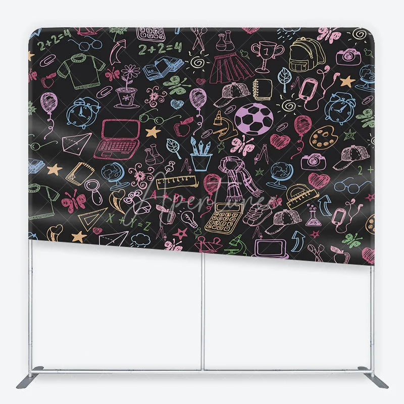 Aperturee - Aperturee Colorful Doodle School Supplies Square Double-Sided Backdrop Playful Learning Theme for Kids Photography