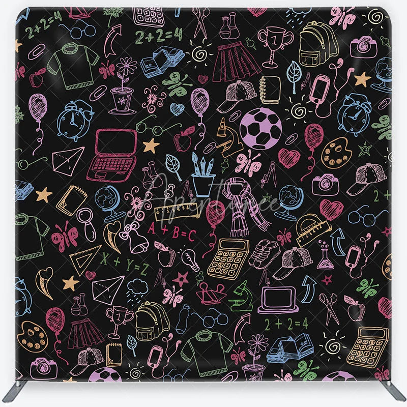 Aperturee - Aperturee Colorful Doodle School Supplies Square Double-Sided Backdrop Playful Learning Theme for Kids Photography