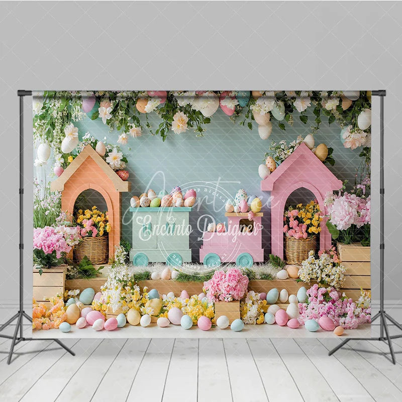 Aperturee - Aperturee Colorful Easter Train and Egg House Backdrop Spring Floral Garden and Hanging Eggs for Kids Birthday