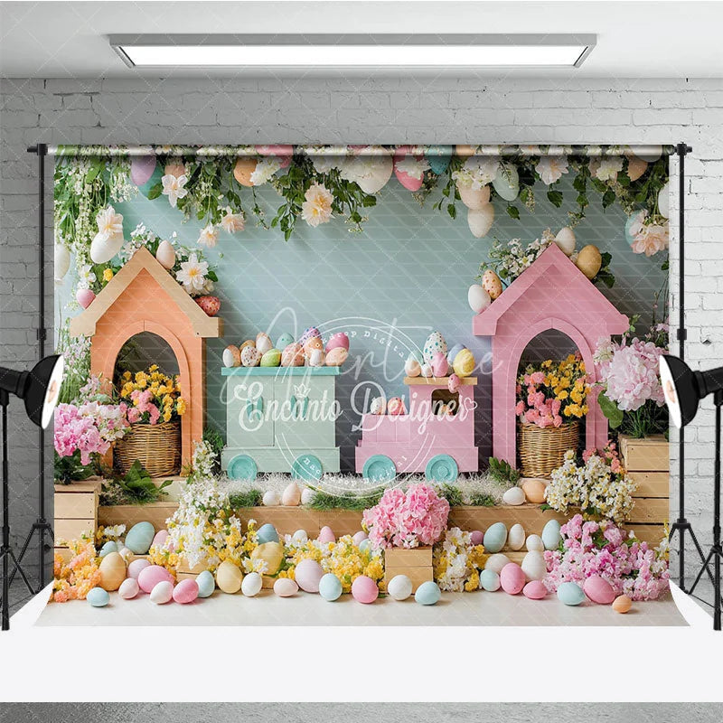 Aperturee - Aperturee Colorful Easter Train and Egg House Backdrop Spring Floral Garden and Hanging Eggs for Kids Birthday