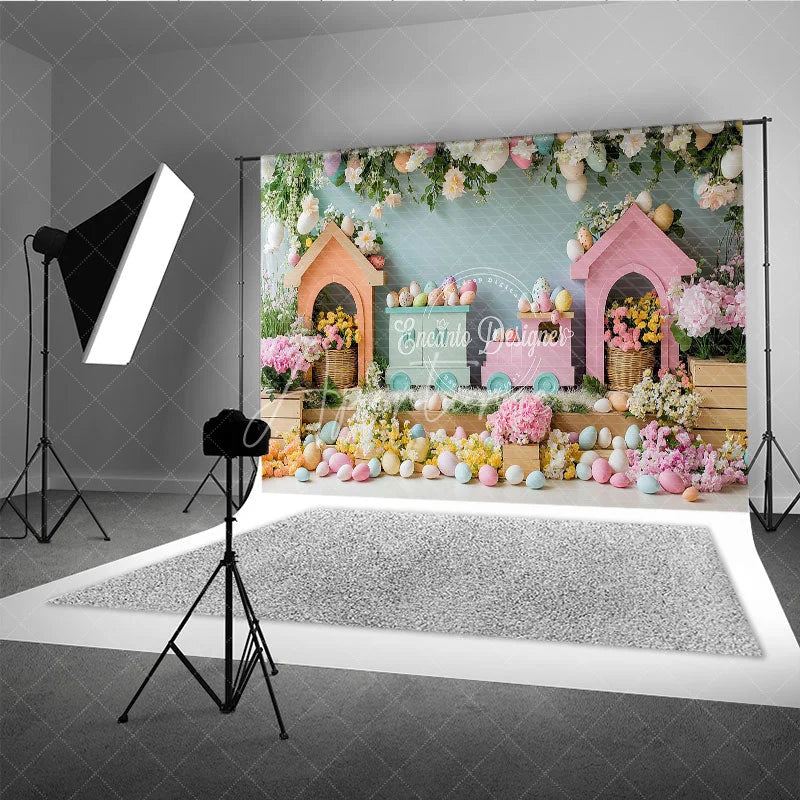 Aperturee - Aperturee Colorful Easter Train and Egg House Backdrop Spring Floral Garden and Hanging Eggs for Kids Birthday