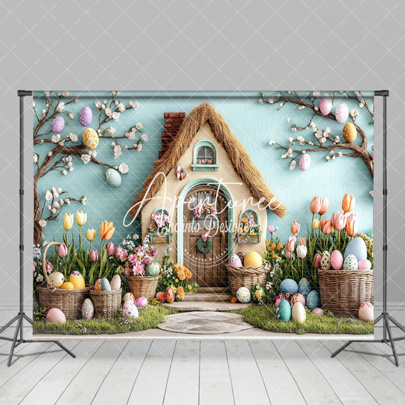 Aperturee - Aperturee Colorful Eggs Floral Bunny Hutch Easter Backdrop