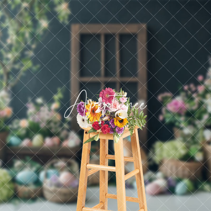 Aperturee - Aperturee Colorful Eggs Floral Woven Basket Easter Backdrop