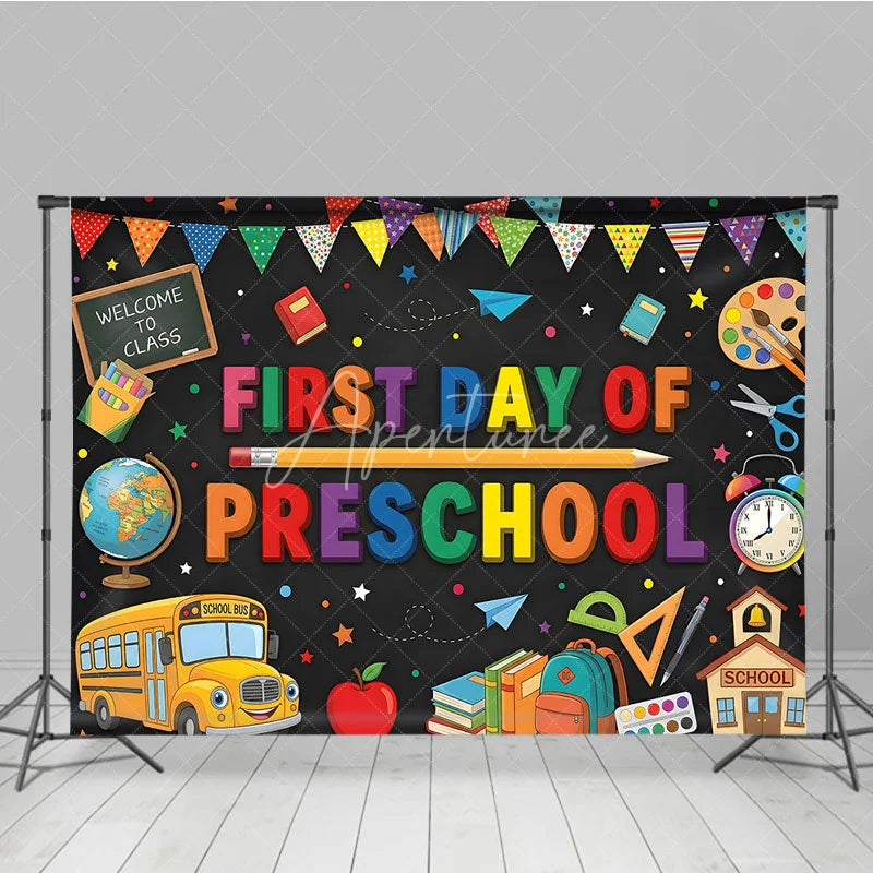 Aperturee - Aperturee Colorful First Day of Preschool Holiday Backdrop with School Bus and Books Welcome to Class Celebration