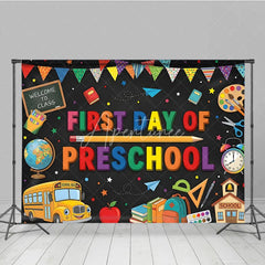 Aperturee - Aperturee Colorful First Day of Preschool Holiday Backdrop with School Bus and Books Welcome to Class Celebration