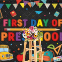 Aperturee - Aperturee Colorful First Day of Preschool Holiday Backdrop with School Bus and Books Welcome to Class Celebration