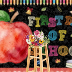 Aperturee - Aperturee Colorful First Day of School Holiday Backdrop featuring a Red Apple and School Supplies Chalkboard Design