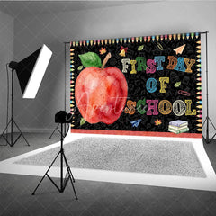 Aperturee - Aperturee Colorful First Day of School Holiday Backdrop featuring a Red Apple and School Supplies Chalkboard Design