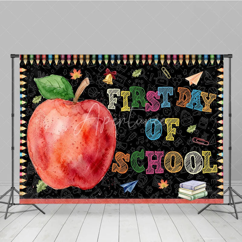 Aperturee - Aperturee Colorful First Day of School Holiday Backdrop featuring a Red Apple and School Supplies Chalkboard Design