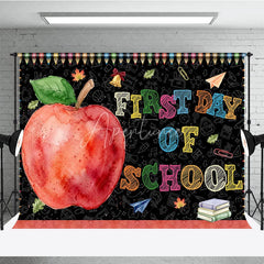 Aperturee - Aperturee Colorful First Day of School Holiday Backdrop featuring a Red Apple and School Supplies Chalkboard Design