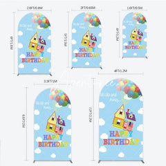 Aperturee - Aperturee Colorful Floating House and Balloons Happy Birthday Round Top Arch Backdrop Whimsical Party Decor.
