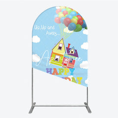 Aperturee - Aperturee Colorful Floating House and Balloons Happy Birthday Round Top Arch Backdrop Whimsical Party Decor.