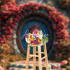 Aperturee - Aperturee Colorful Floral Blue Wood Door Spring Photo Backdrop