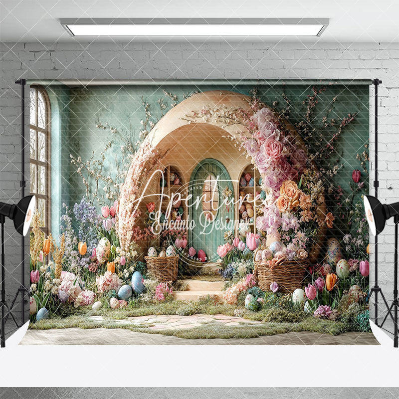 Aperturee - Aperturee Colorful Floral Eggs Arch Hutch Easter Backdrop
