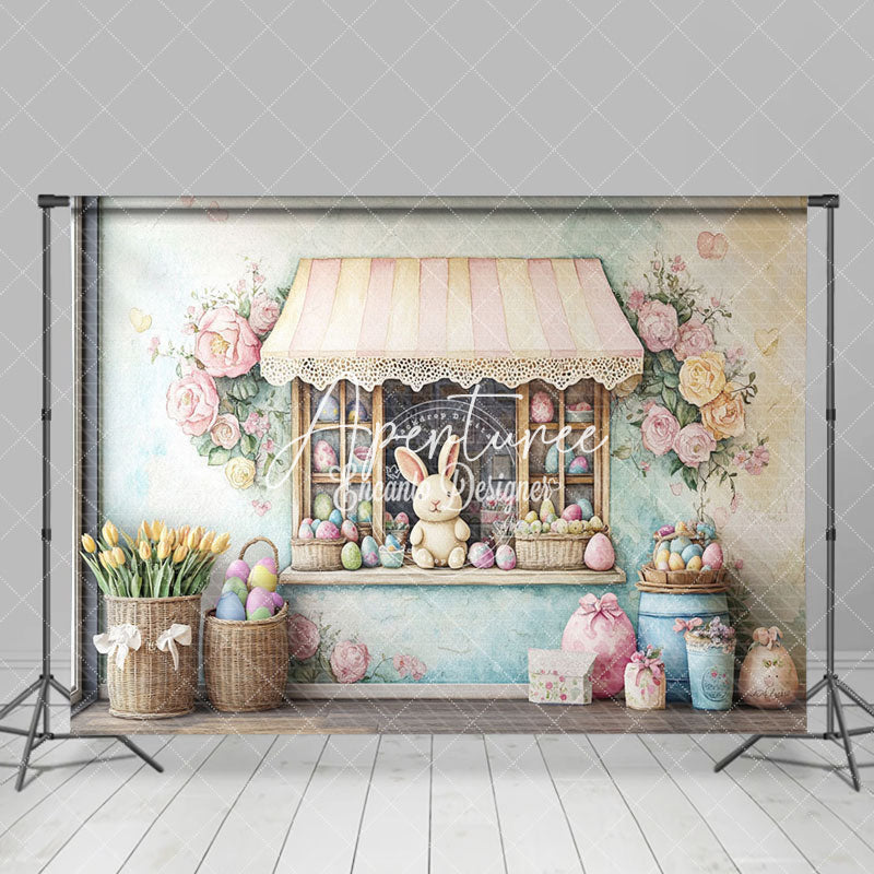 Aperturee - Aperturee Colorful Floral Eggs Store Bunny Easter Backdrop