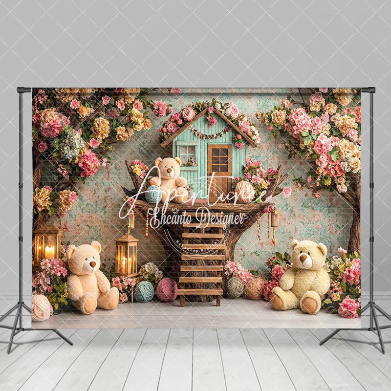Aperturee - Aperturee Colorful Floral Tree House Bear Cake Smash Backdrop
