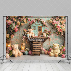 Aperturee - Aperturee Colorful Floral Tree House Bear Cake Smash Backdrop
