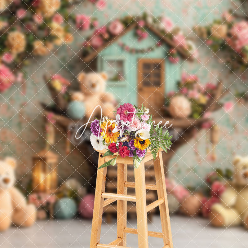 Aperturee - Aperturee Colorful Floral Tree House Bear Cake Smash Backdrop