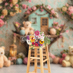 Aperturee - Aperturee Colorful Floral Tree House Bear Cake Smash Backdrop