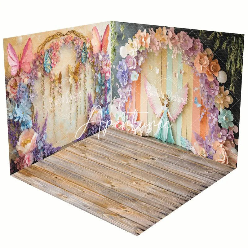 Aperturee - Aperturee Colorful Flower Fairy Butterfly Room Set Backdrop