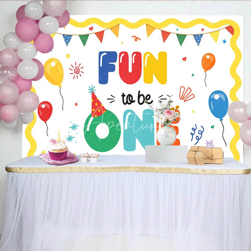 Aperturee - Aperturee Colorful Fun to be One First Birthday Backdrop with Balloons and Party Hat Festive Celebration Decor