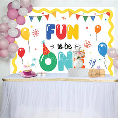 Aperturee - Aperturee Colorful Fun to be One First Birthday Backdrop with Balloons and Party Hat Festive Celebration Decor