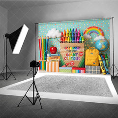 Aperturee - Aperturee Colorful Giant Crayons and School Supplies Photography Backdrop featuring Rainbow Books and Apple for Kids