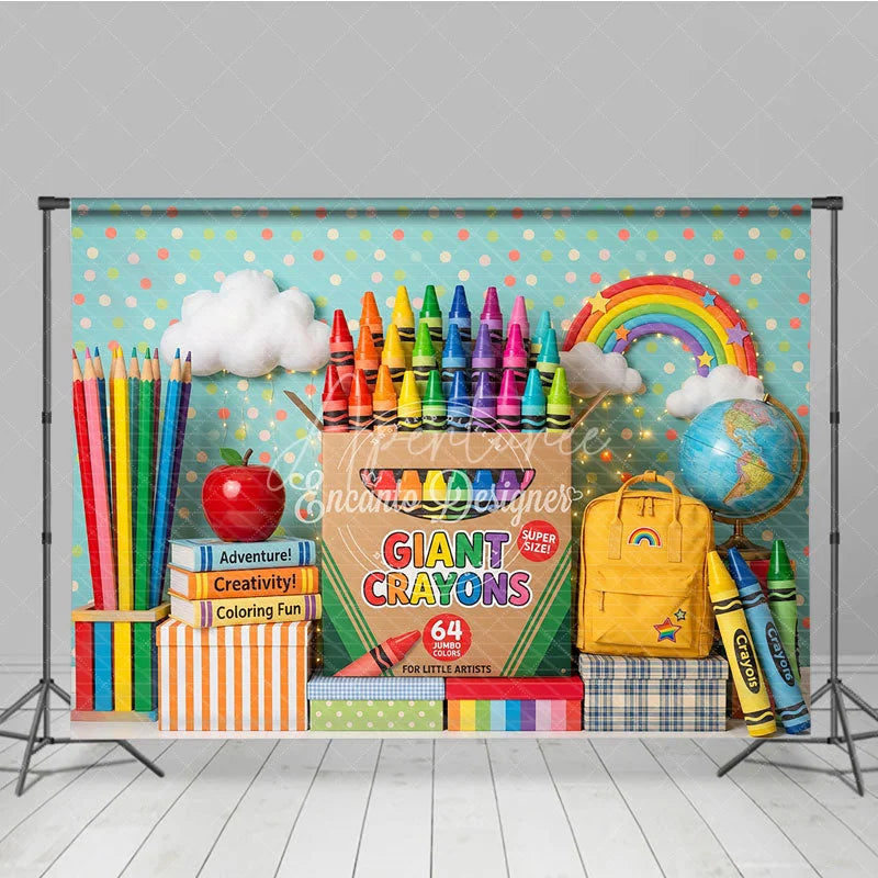 Aperturee - Aperturee Colorful Giant Crayons and School Supplies Photography Backdrop featuring Rainbow Books and Apple for Kids