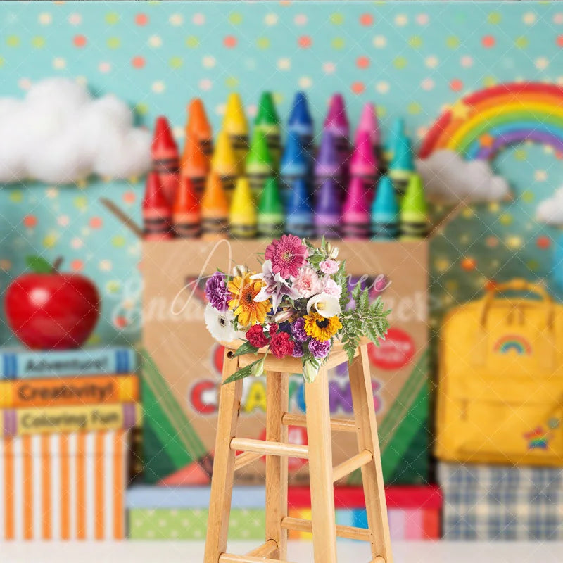 Aperturee - Aperturee Colorful Giant Crayons and School Supplies Photography Backdrop featuring Rainbow Books and Apple for Kids