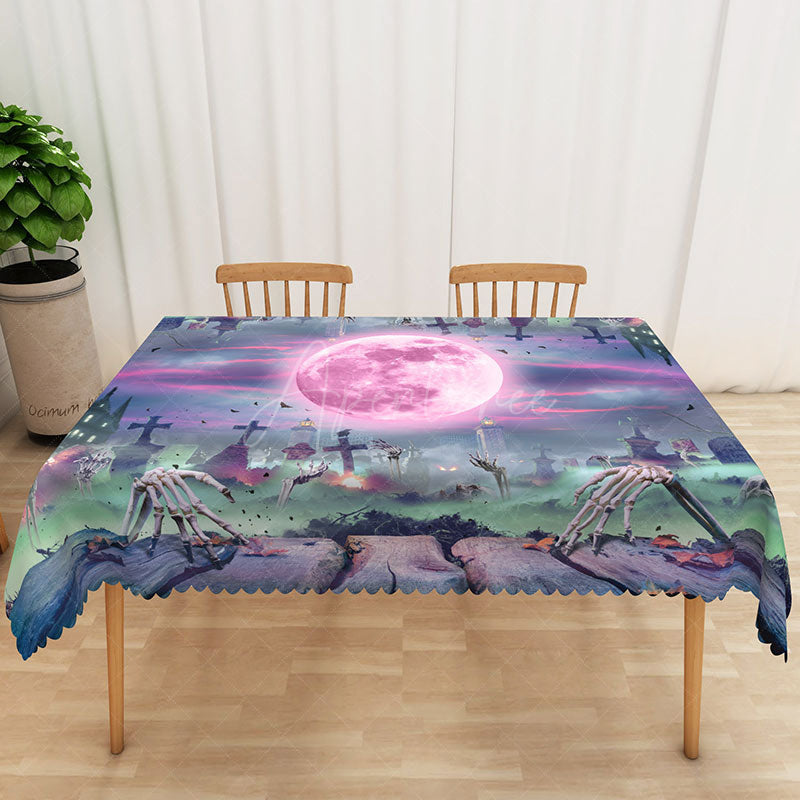 Aperturee - Aperturee Colorful Halloween Graveyard Rectangle Tablecloth for Spooky and Artistic Haunted Cemetery Party Decor