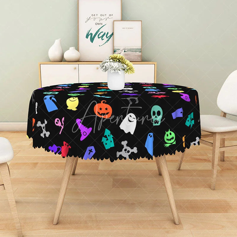 Aperturee - Aperturee Colorful Halloween Round Tablecloth with Mouse Jack-O’-Lantern and Spiders for Fun Kids Party