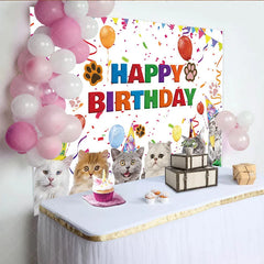 Aperturee - Aperturee Colorful Happy Birthday Backdrop Featuring Cute Cartoon Cats Balloons and Confetti for Festive Pet Party