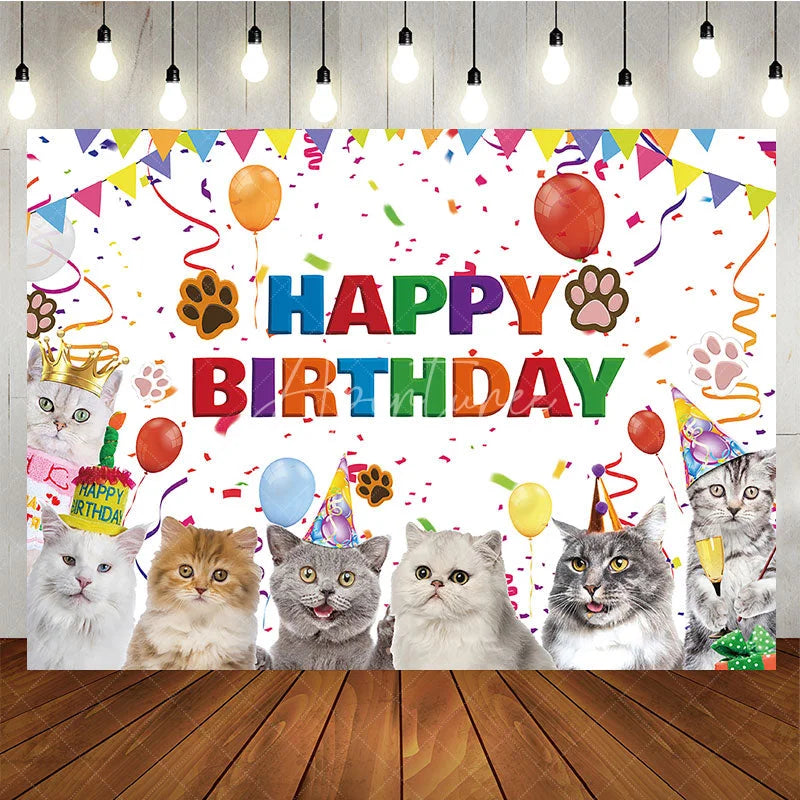 Aperturee - Aperturee Colorful Happy Birthday Backdrop Featuring Cute Cartoon Cats Balloons and Confetti for Festive Pet Party
