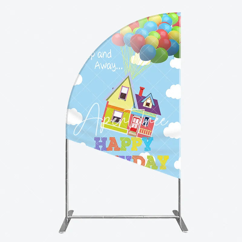 Aperturee - Aperturee Colorful House and Balloons ’Up Up and Away’ Happy Birthday Half Moon Arch Backdrop Whimsical Party Decor