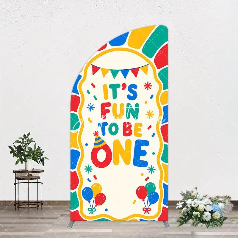 Aperturee - Aperturee Colorful ’It’s Fun to Be One’ First Birthday Half Moon Arch Backdrop with Balloons and Party Hat Decor