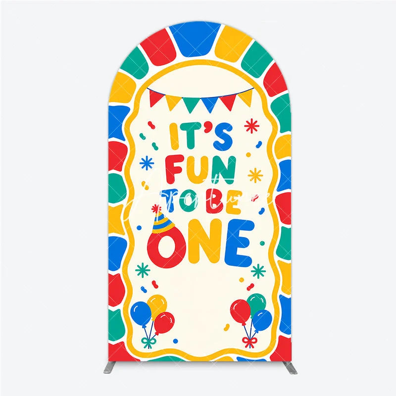 Aperturee - Aperturee Colorful Its Fun to Be One First Birthday Round Top Arch Backdrop featuring Balloons and Confetti