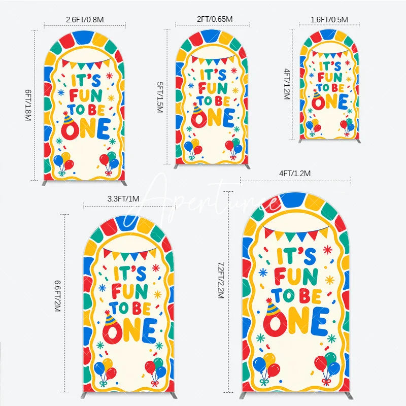 Aperturee - Aperturee Colorful Its Fun to Be One First Birthday Round Top Arch Backdrop featuring Balloons and Confetti