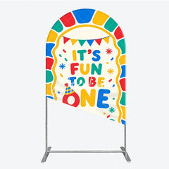 Aperturee - Aperturee Colorful Its Fun to Be One First Birthday Round Top Arch Backdrop featuring Balloons and Confetti