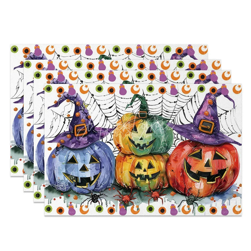 Aperturee - Aperturee Colorful Jack-O’-Lantern and Witch Hat Set of 4 Placemats for Fun Kids Halloween Party Decorations