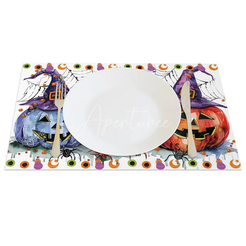 Aperturee - Aperturee Colorful Jack-O’-Lantern and Witch Hat Set of 4 Placemats for Fun Kids Halloween Party Decorations
