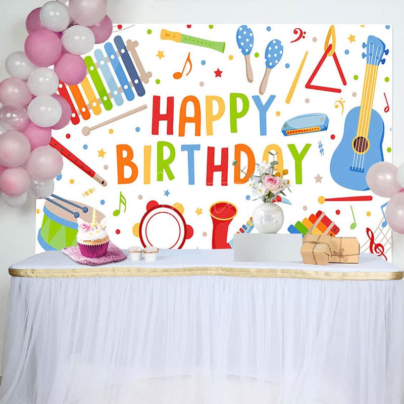 Aperturee - Aperturee Colorful Musical Instrument Happy Birthday Backdrop