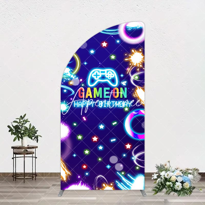Aperturee - Aperturee Colorful Neon Stars Game On Birthday Half Moon Arch Backdrop