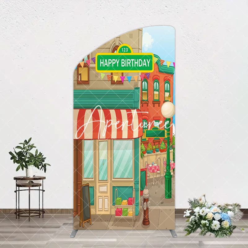 Aperturee - Aperturee Colorful Old Town Street Happy Birthday Arch Backdrop