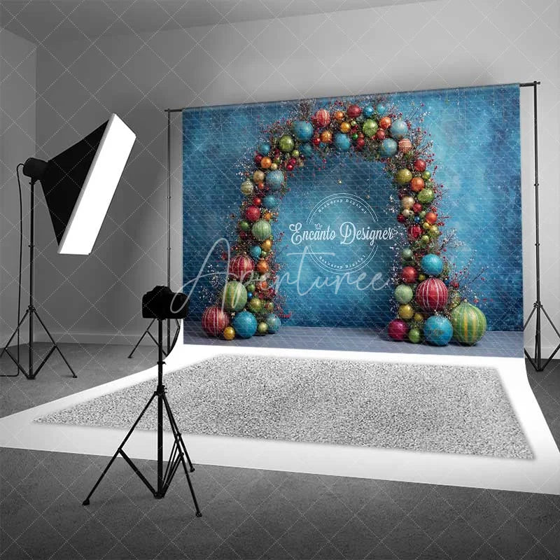 Aperturee - Aperturee Colorful Ornament Arch Christmas Backdrop Textured Blue Bauble Photography Background