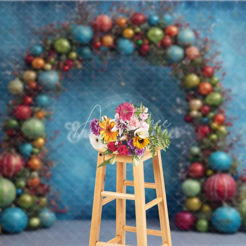 Aperturee - Aperturee Colorful Ornament Arch Christmas Backdrop Textured Blue Bauble Photography Background