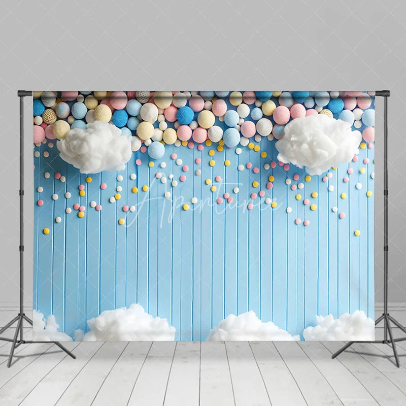 Aperturee - Aperturee Colorful Pellet Cloud Blue Stripe Cake Smash Backdrop