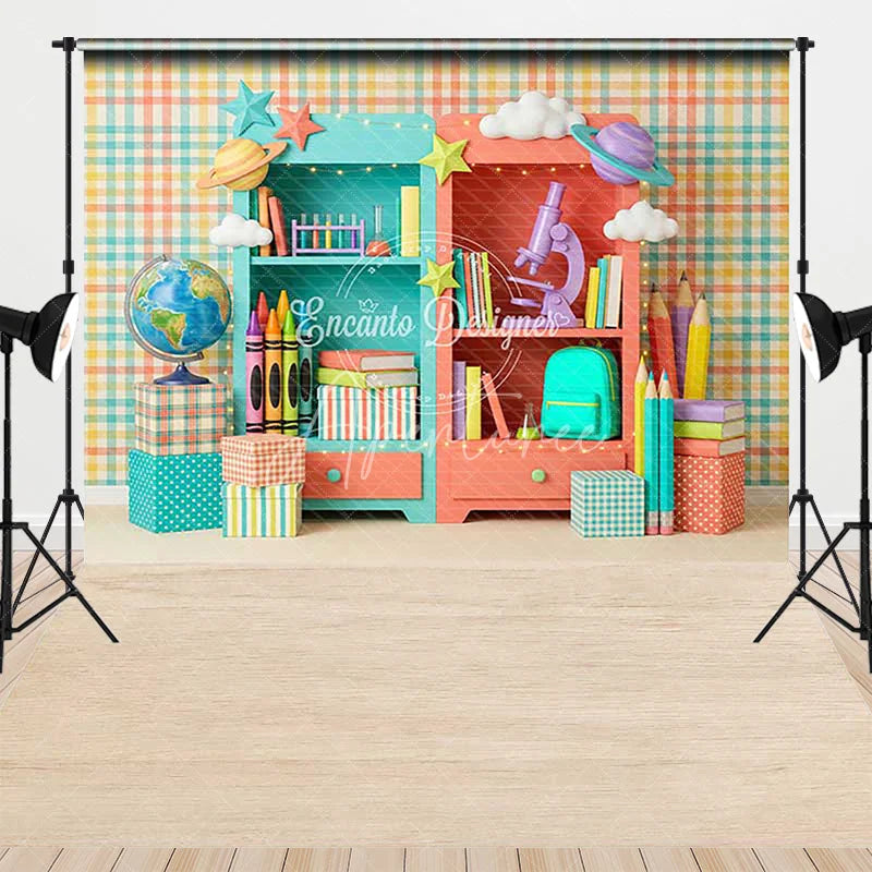 Aperturee - Aperturee Colorful Plaid Wall Bookshelves Combo Set Backdrop Whimsical School Supplies for Kids Learning